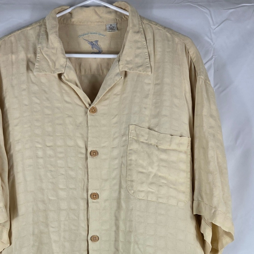Original Island Sport Mens XL Silk Shirt Textured Grid Short Sleeve Cream Yellow
